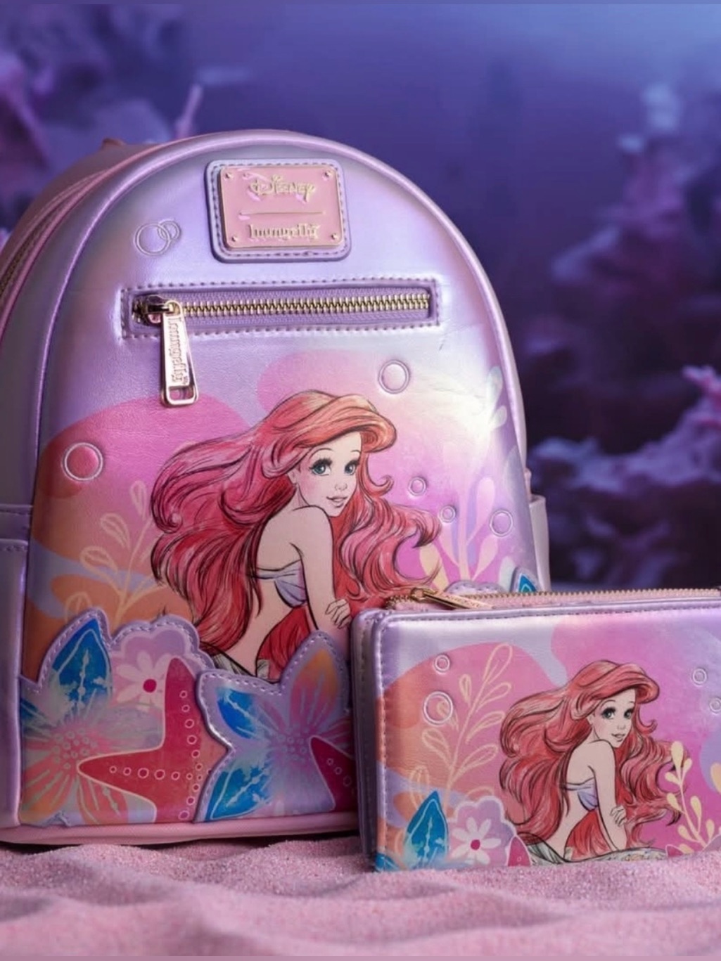 Loungefly Disney The Little Mermaid Ariel Soft Floral Mini Backpack & Wallet Nwt